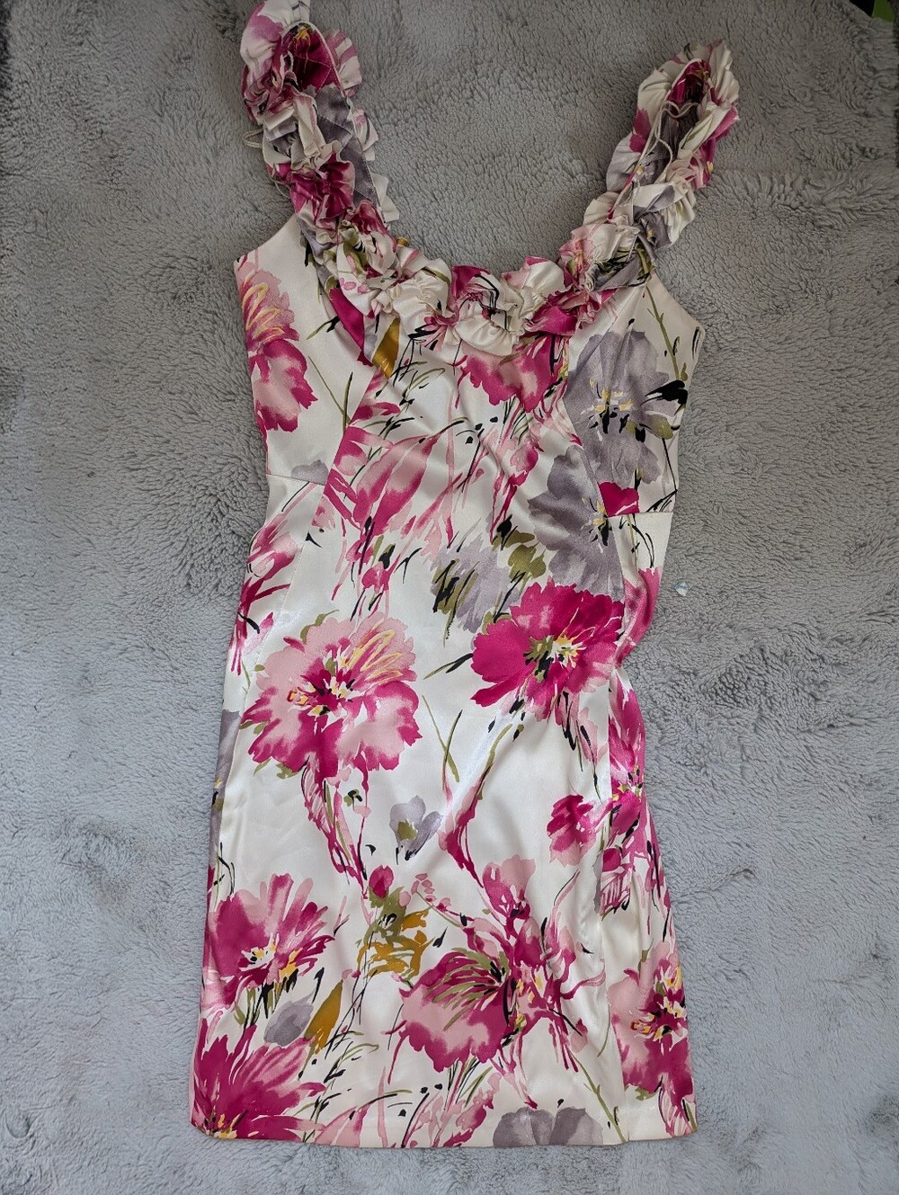 London Times Pink Floral Satin Ruffle Neck Sheath Cocktail Dress | Size 8